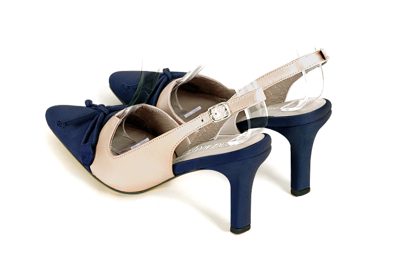 Navy blue and gold women's open back shoes, with a knot. Tapered toe. High slim heel. Rear view - Florence KOOIJMAN